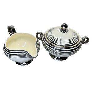 Vtg‎ Taylor Smith& Taylor Sugar Bowl Creamer Set Art Deco Silver Lines Ivory USA